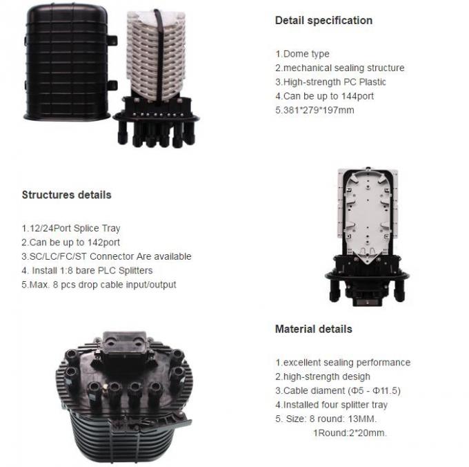 Dome Type Fiber Optic Joint Box PC Plastic 144 Core Optical Fiber Closure