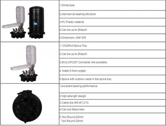 264 Core Dome Fiber Optic Joint Box 498 * 305mm Vertical PC Plastic For FTTH