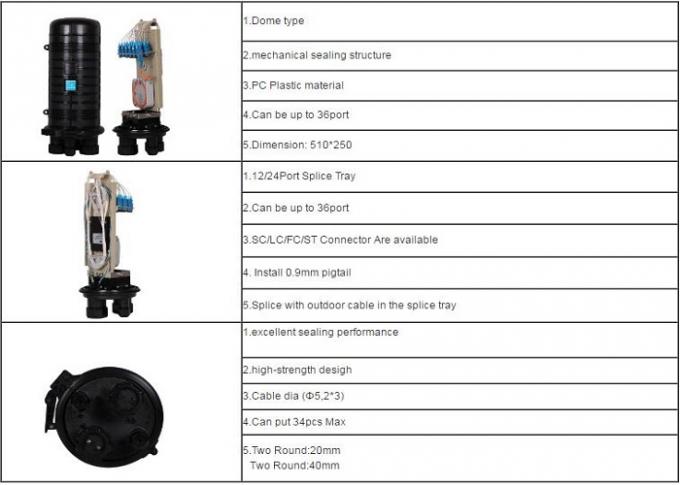 Mechanical Sealing 36 Fiber Optic Joint Box Dome Type Black Color 5 Ports
